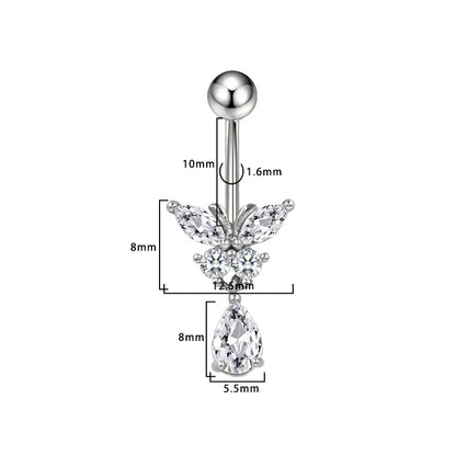Three-dimensional Heart Shape Copper Belly Ring With Platinum Plated Electroplated Finish And Zircon Inlay