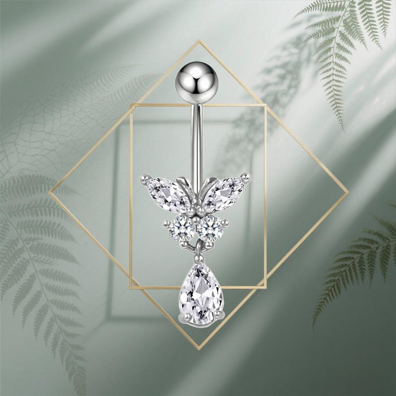 Three-dimensional Heart Shape Copper Belly Ring With Platinum Plated Electroplated Finish And Zircon Inlay
