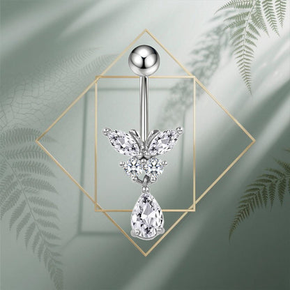 Three-dimensional Heart Shape Copper Belly Ring With Platinum Plated Electroplated Finish And Zircon Inlay
