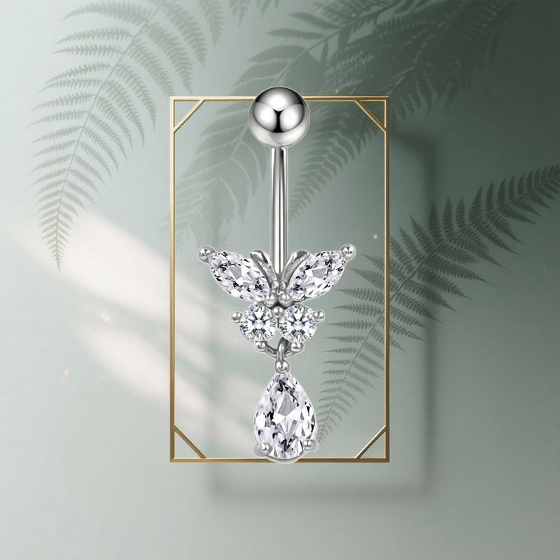 Three-dimensional Heart Shape Copper Belly Ring With Platinum Plated Electroplated Finish And Zircon Inlay
