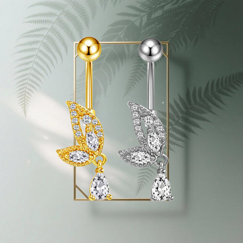 Three-dimensional Heart Shape Copper Belly Ring With Platinum Plated Electroplated Finish And Zircon Inlay