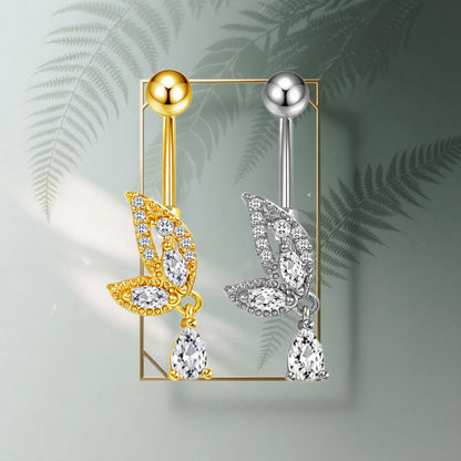 Three-dimensional Heart Shape Copper Belly Ring With Platinum Plated Electroplated Finish And Zircon Inlay