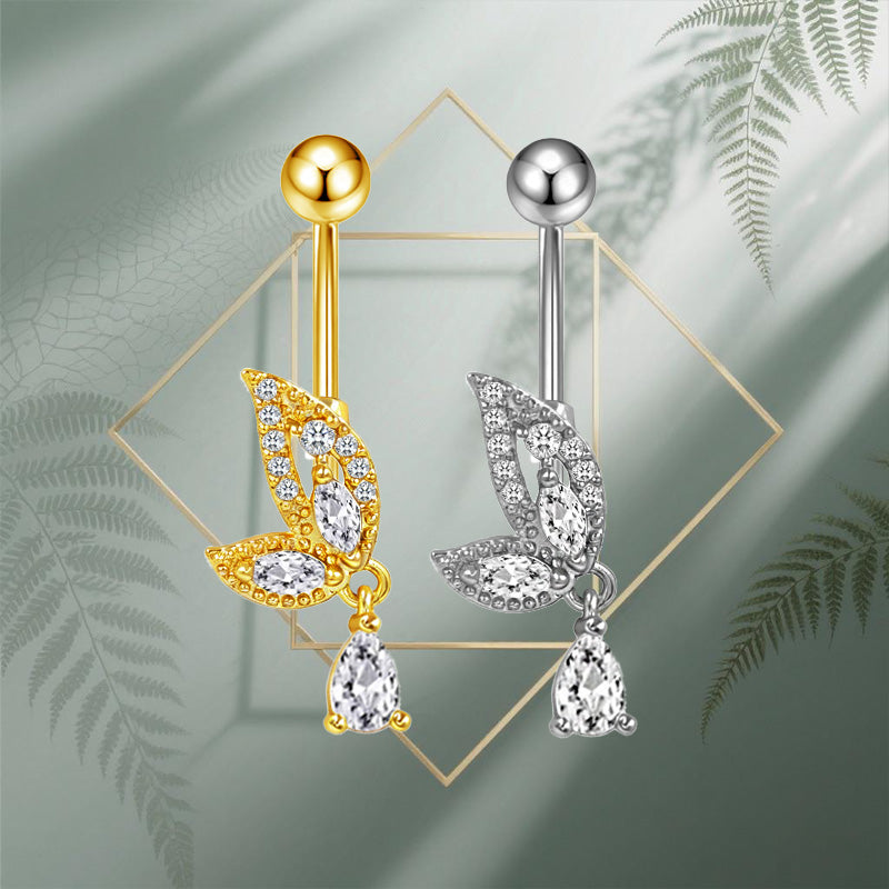 Three-dimensional Heart Shape Copper Belly Ring With Platinum Plated Electroplated Finish And Zircon Inlay