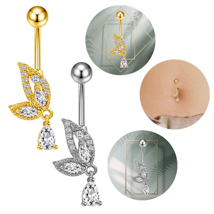 Three-dimensional Heart Shape Copper Belly Ring With Platinum Plated Electroplated Finish And Zircon Inlay