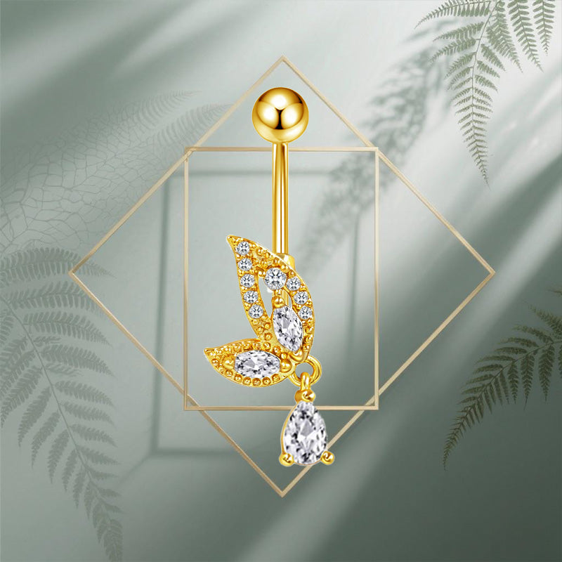 Three-dimensional Heart Shape Copper Belly Ring With Platinum Plated Electroplated Finish And Zircon Inlay