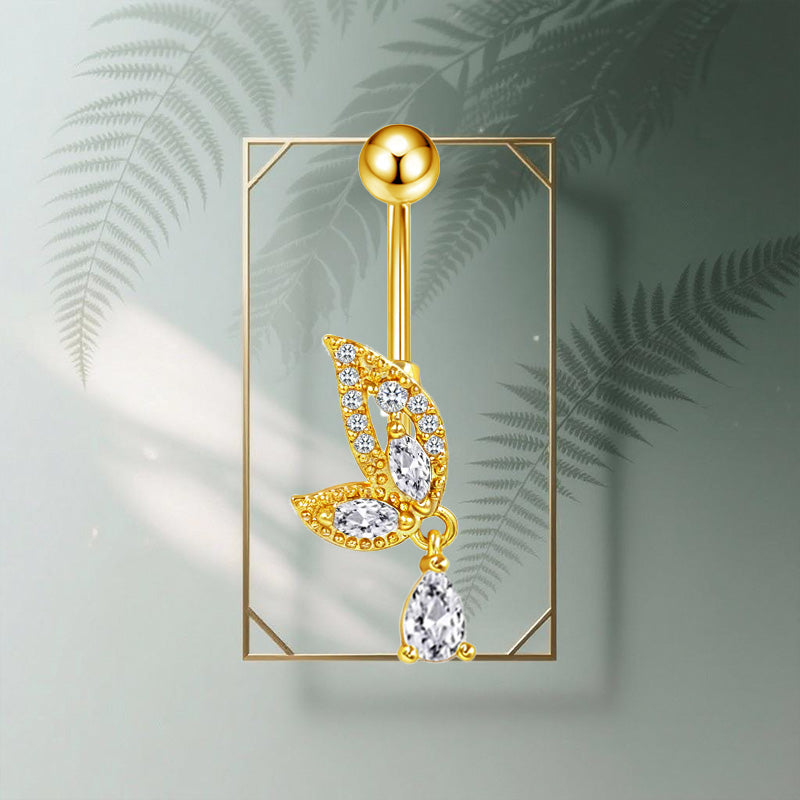 Three-dimensional Heart Shape Copper Belly Ring With Platinum Plated Electroplated Finish And Zircon Inlay