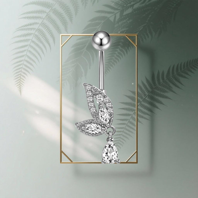 Three-dimensional Heart Shape Copper Belly Ring With Platinum Plated Electroplated Finish And Zircon Inlay