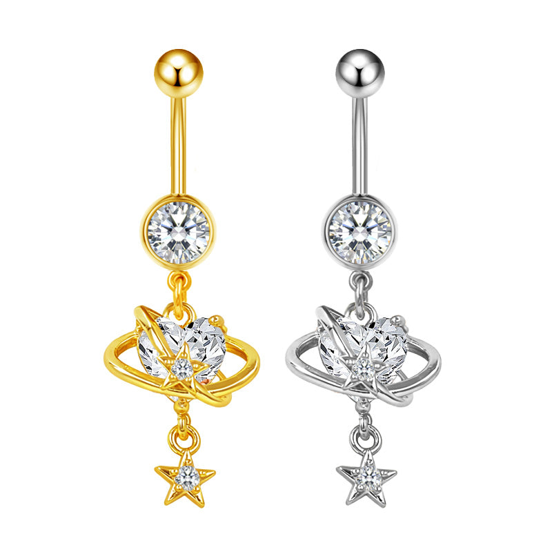 Three-dimensional Heart Shape Copper Belly Ring With Platinum Plated Electroplated Finish And Zircon Inlay