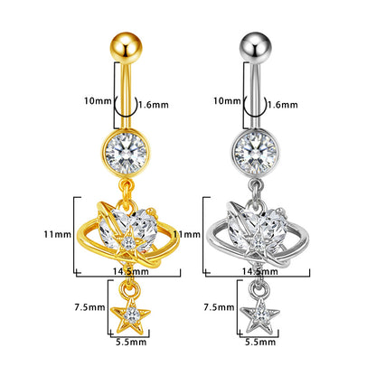 Three-dimensional Heart Shape Copper Belly Ring With Platinum Plated Electroplated Finish And Zircon Inlay
