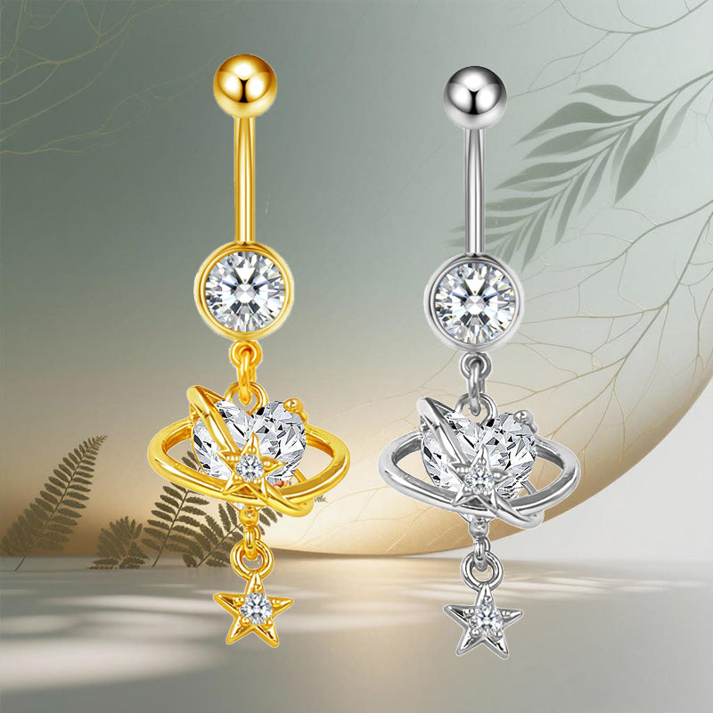 Three-dimensional Heart Shape Copper Belly Ring With Platinum Plated Electroplated Finish And Zircon Inlay