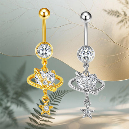 Three-dimensional Heart Shape Copper Belly Ring With Platinum Plated Electroplated Finish And Zircon Inlay