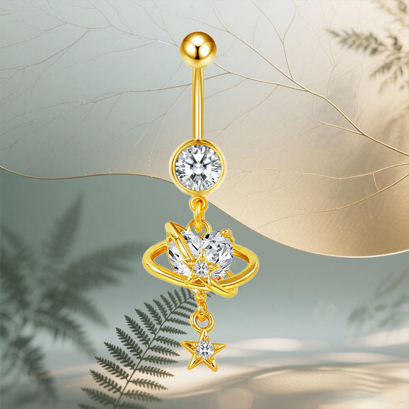 Three-dimensional Heart Shape Copper Belly Ring With Platinum Plated Electroplated Finish And Zircon Inlay