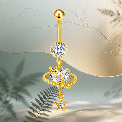 Three-dimensional Heart Shape Copper Belly Ring With Platinum Plated Electroplated Finish And Zircon Inlay
