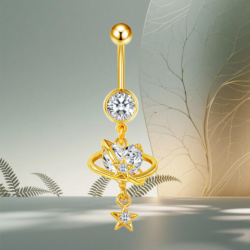 Three-dimensional Heart Shape Copper Belly Ring With Platinum Plated Electroplated Finish And Zircon Inlay