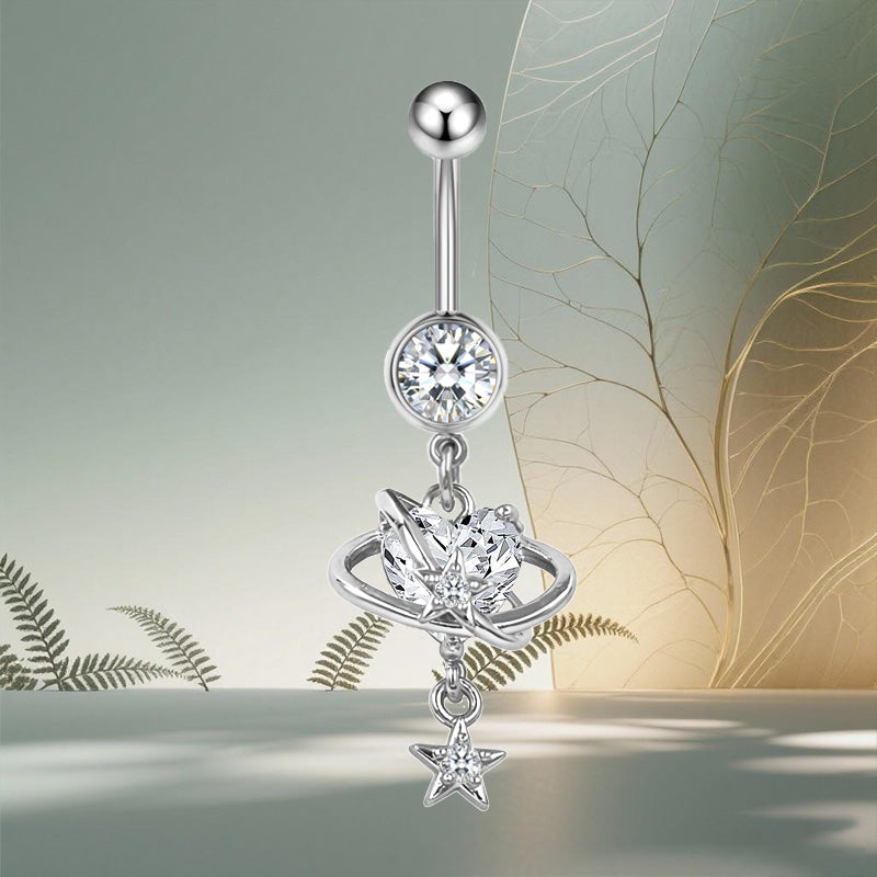 Three-dimensional Heart Shape Copper Belly Ring With Platinum Plated Electroplated Finish And Zircon Inlay