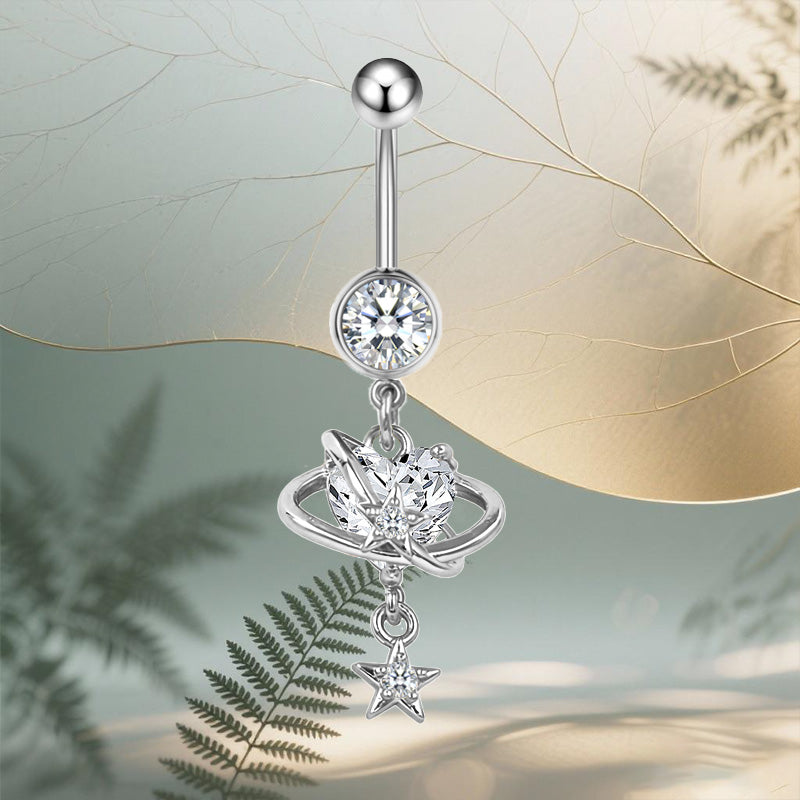 Three-dimensional Heart Shape Copper Belly Ring With Platinum Plated Electroplated Finish And Zircon Inlay