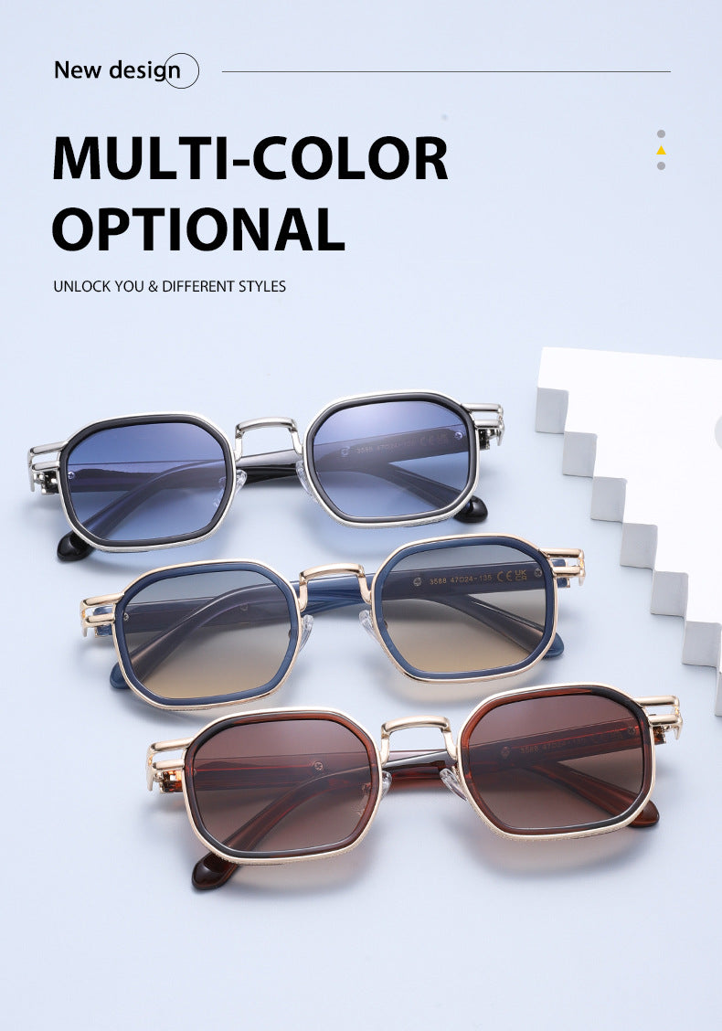 Unisex Full Frame Polygons Sunglasses With PC Lens Material In Golden, Perfect For Spring Season