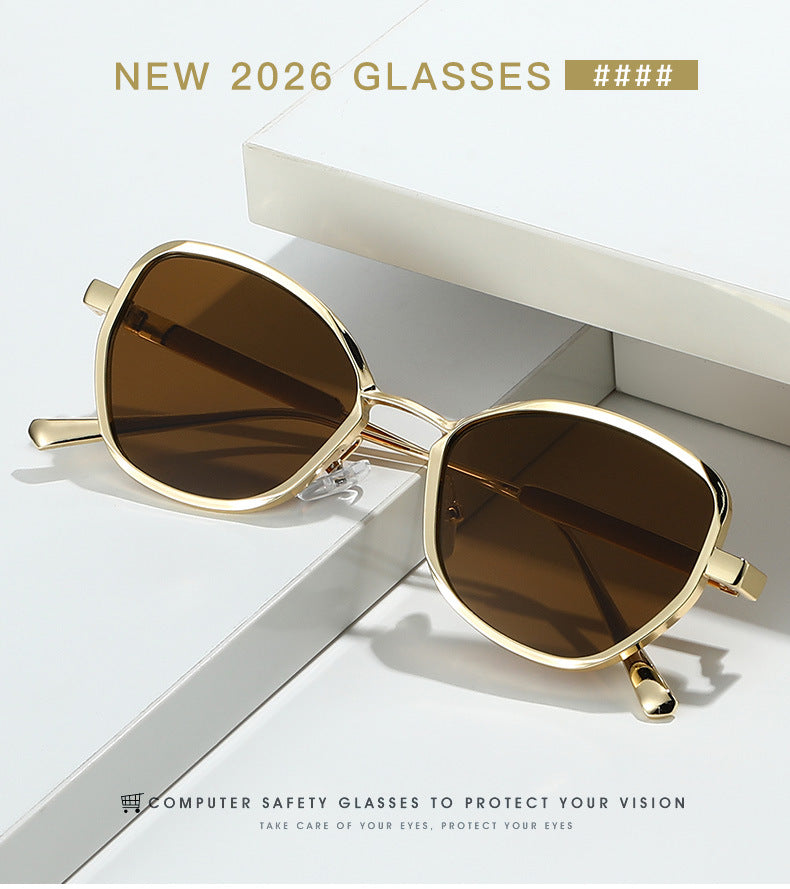 Unisex Polygons Full Frame Sunglasses With Ac Lens Material In Golden, Perfect For Spring Season