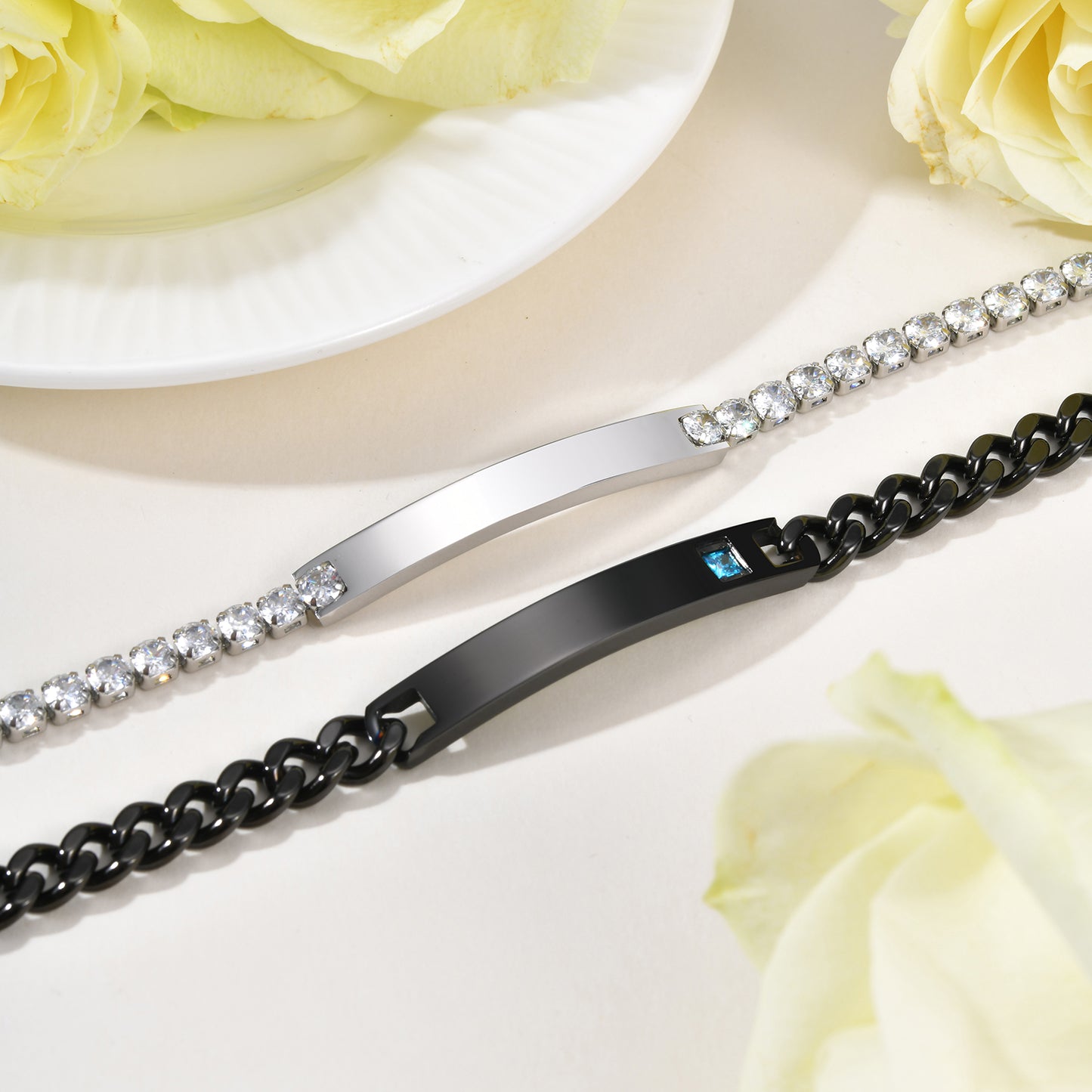 Geometric Valentine's Day Couple Bracelets For Him And Her In 304 Stainless Steel With Gun Black Plated Finish And Zircon Inlay