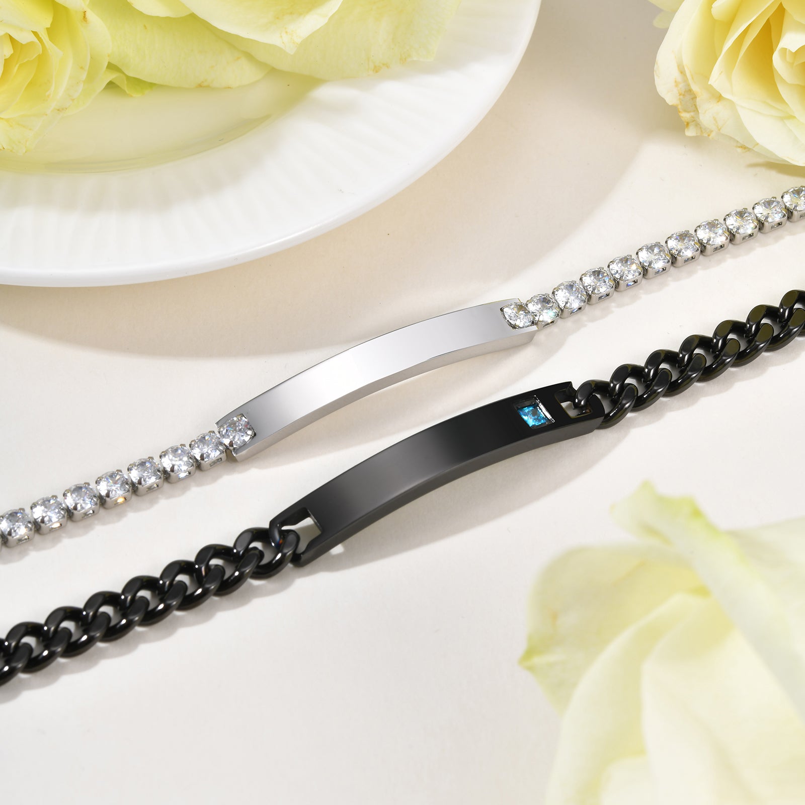 Geometric Valentine's Day Couple Bracelets For Him And Her In 304 Stainless Steel With Gun Black Plated Finish And Zircon Inlay