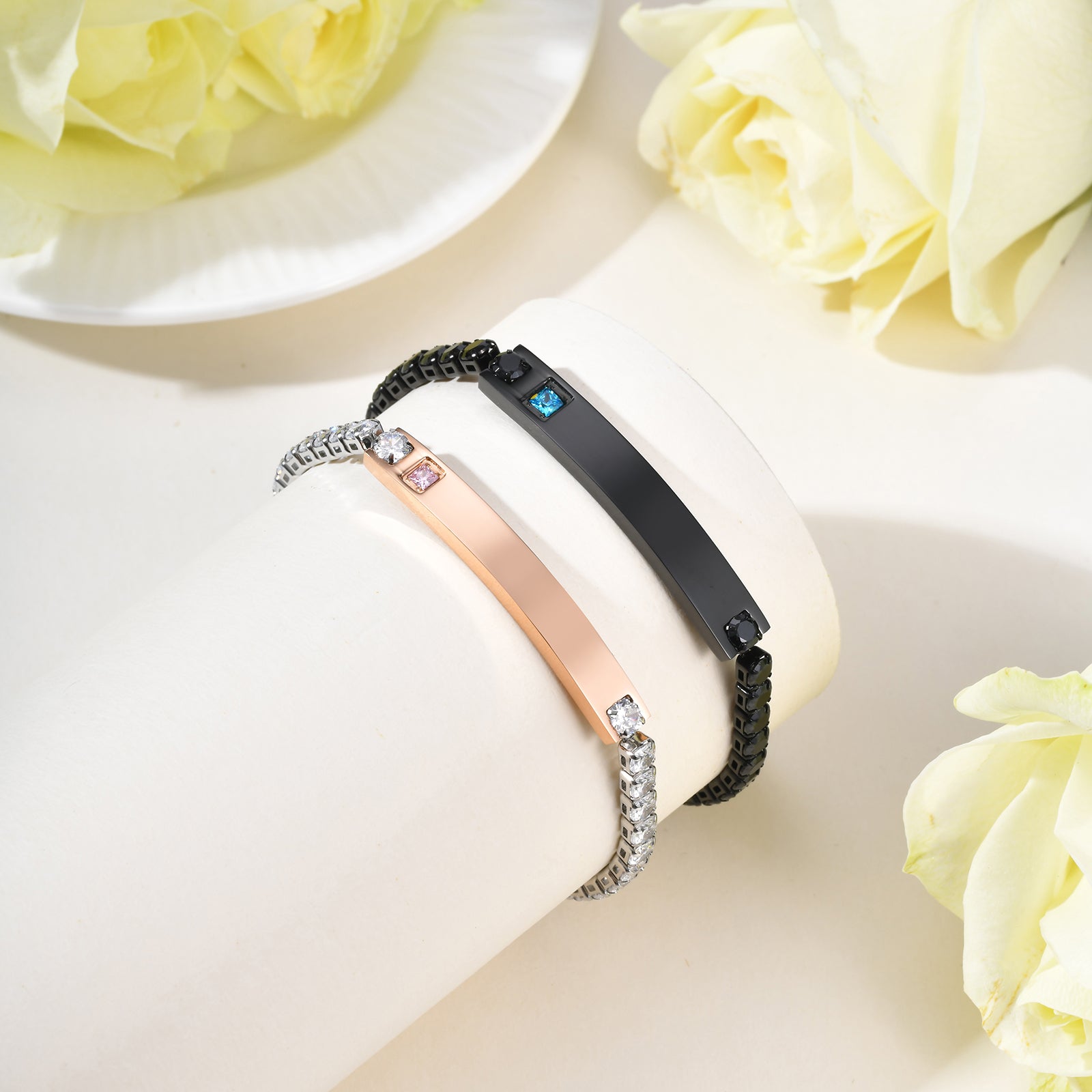 Geometric Valentine's Day Couple Bracelets For Him And Her In 304 Stainless Steel With Gun Black Plated Finish And Zircon Inlay