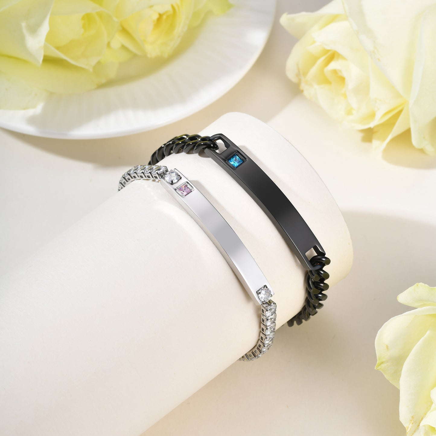 Geometric Valentine's Day Couple Bracelets For Him And Her In 304 Stainless Steel With Gun Black Plated Finish And Zircon Inlay