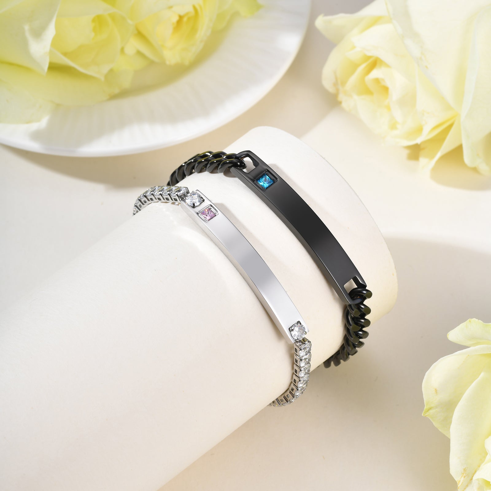 Geometric Valentine's Day Couple Bracelets For Him And Her In 304 Stainless Steel With Gun Black Plated Finish And Zircon Inlay