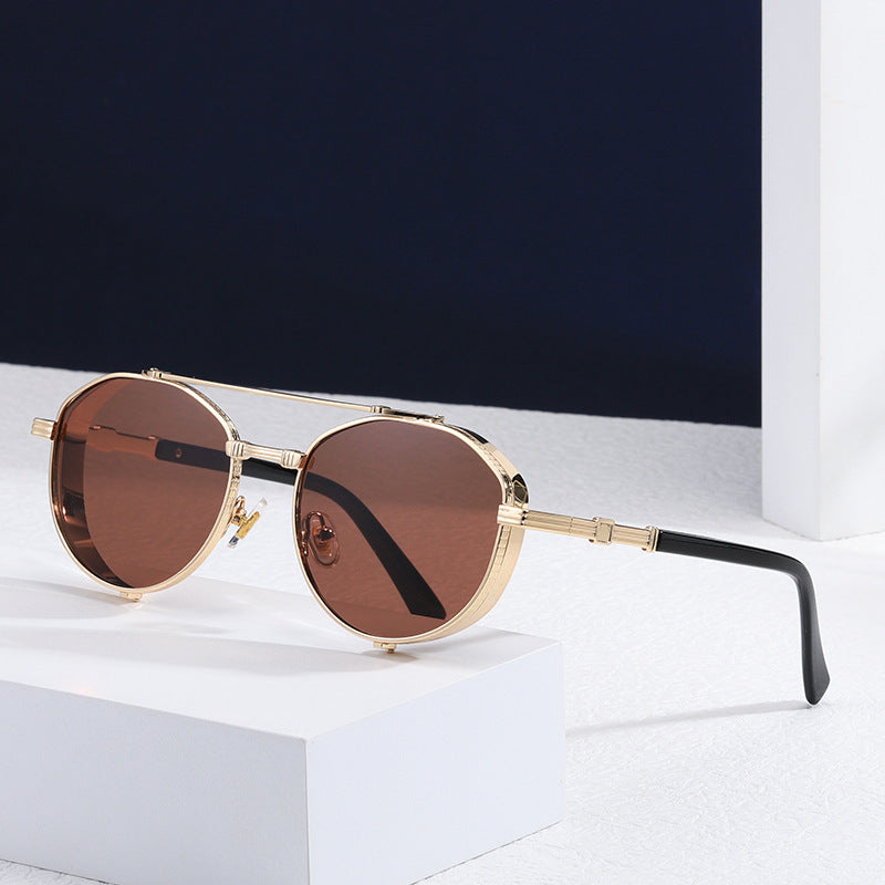 Unisex Round Frame Full Frame Sunglasses With PC Lens Material In Golden, Perfect For Summer