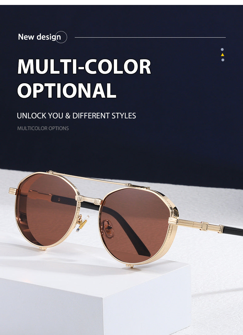 Unisex Round Frame Full Frame Sunglasses With PC Lens Material In Golden, Perfect For Summer