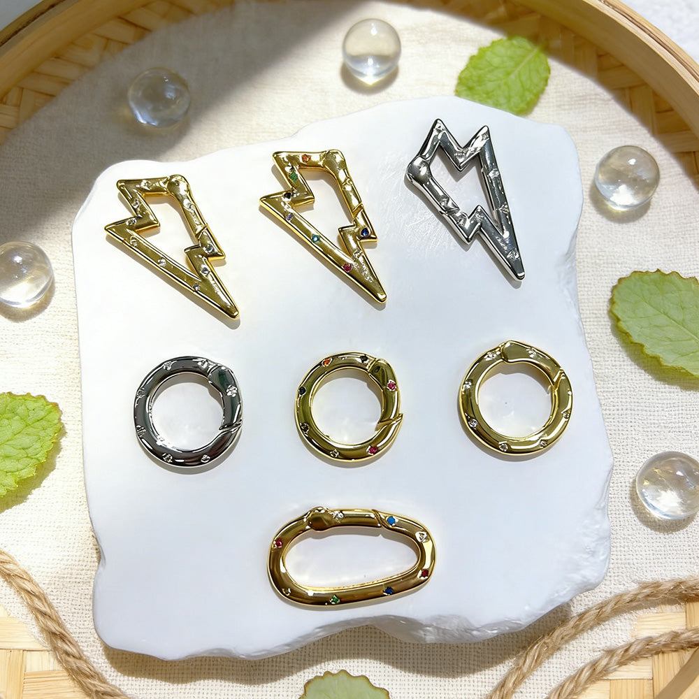 Copper Jewelry Buckle With Round Pattern, 18K Gold Plated Electroplating And Zircon Inlay, Spring Ring Trigger Clasp