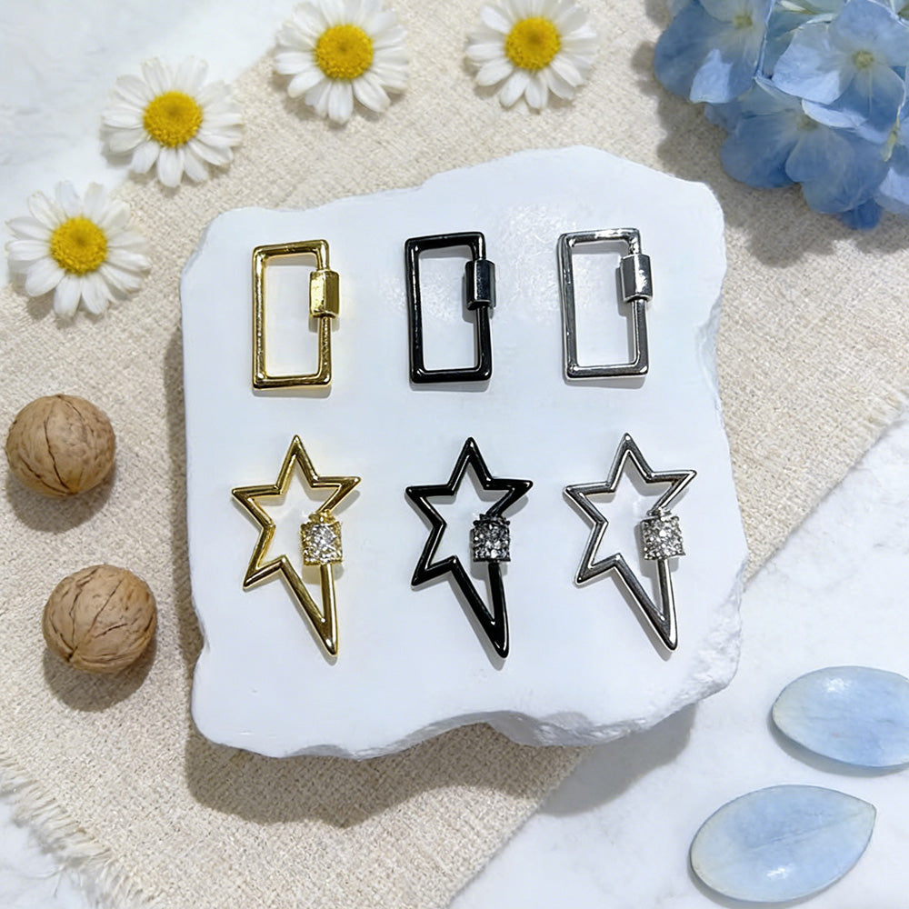 Pentagram Jewelry Buckle With Spring Ring Trigger Clasp Closure, Copper Base, 18K Real Gold Plated, Zircon Inlay, 1 Pc Package
