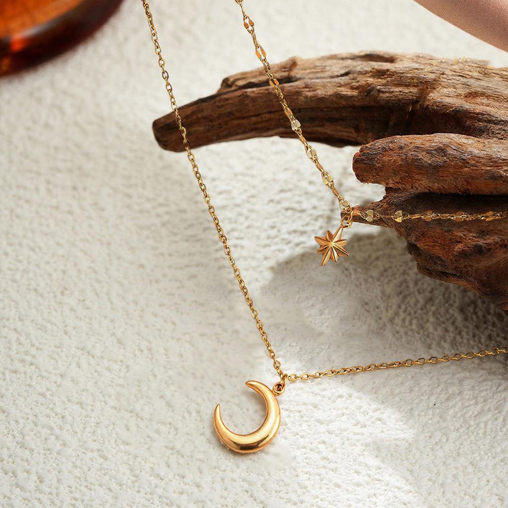 Hexagram Women Double Layer Necklace 3D Design 304 Stainless Steel 18K Gold Plated Cable Chain