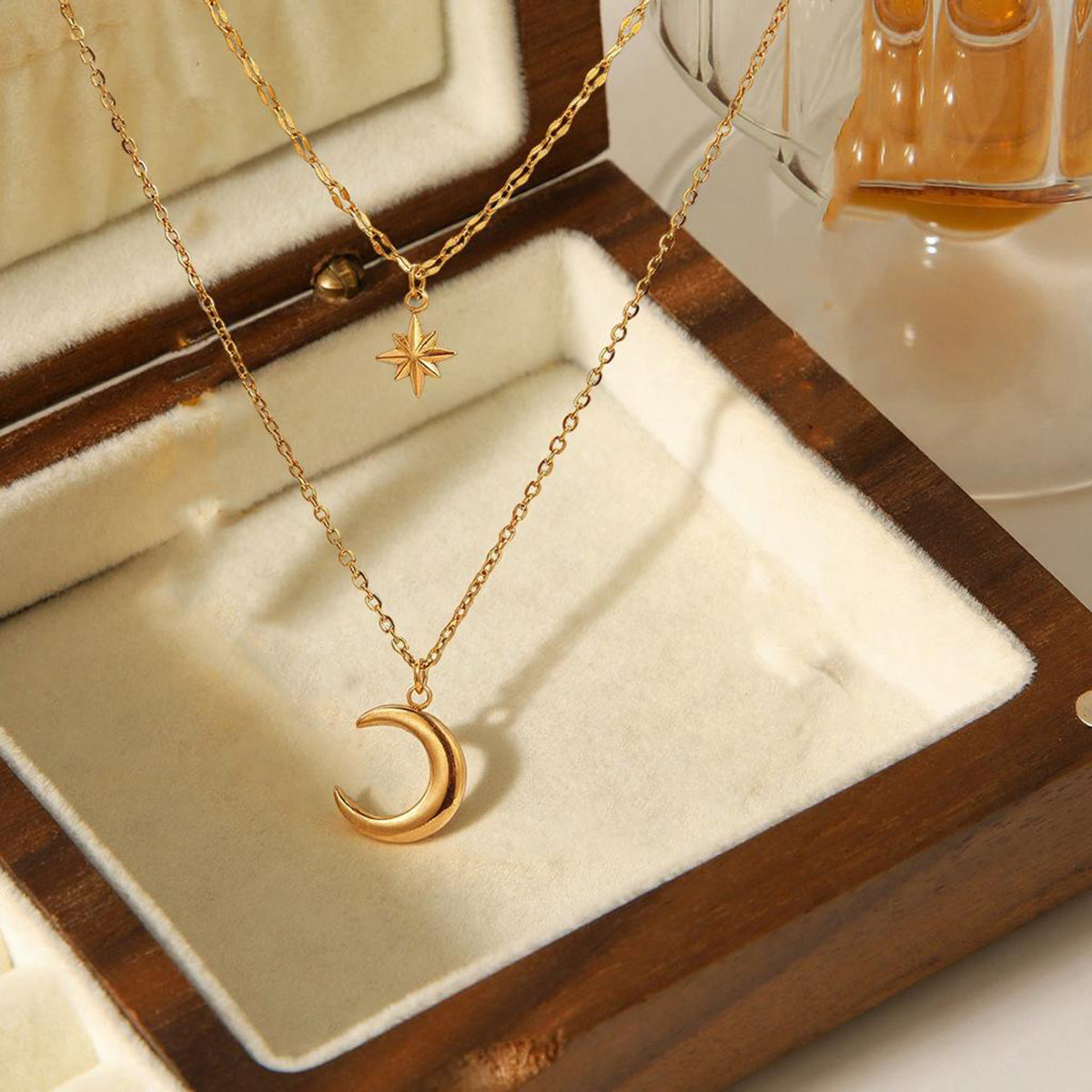 Hexagram Women Double Layer Necklace 3D Design 304 Stainless Steel 18K Gold Plated Cable Chain