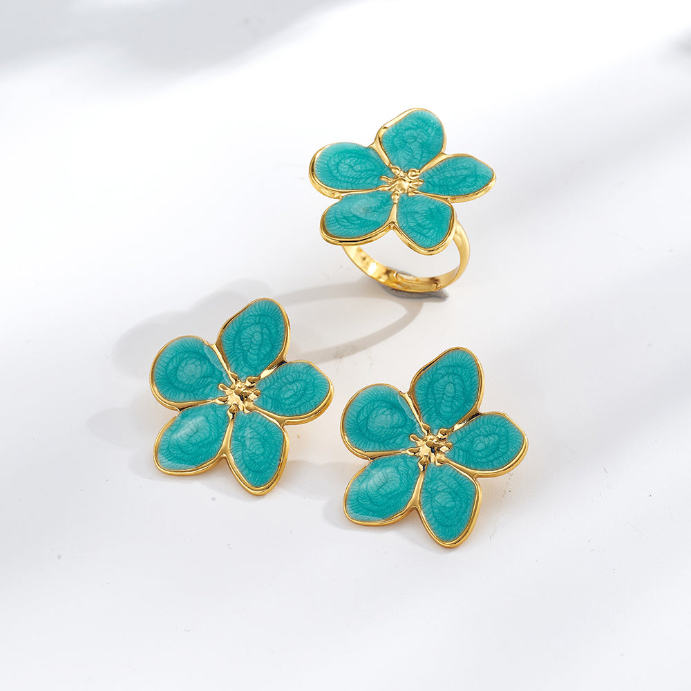 Casual Flowers Jewelry Set For Women In Golden Plated 304 Stainless Steel