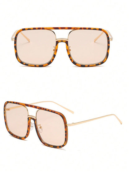 Unisex Square Full Frame Sunglasses With PC Lens Material In Leopard Print, Perfect For Winter
