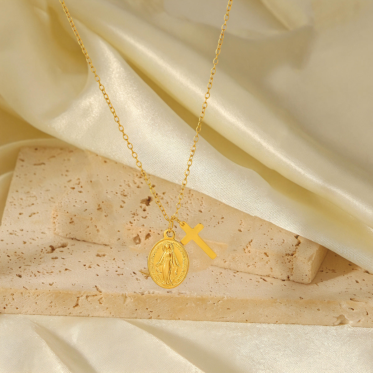 Three-dimensional Cross Necklace For Women In 304 Stainless Steel With 18K Real Gold Plated Cable Chain