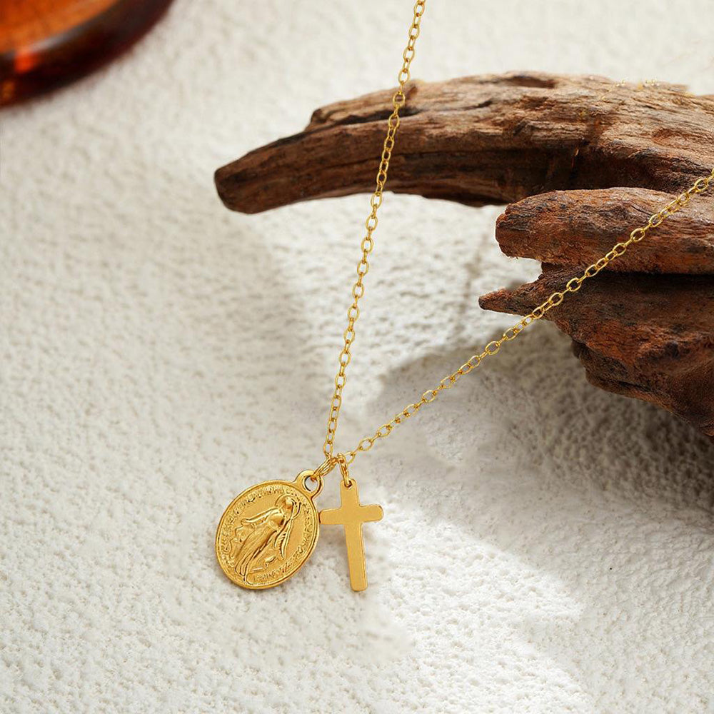 Three-dimensional Cross Necklace For Women In 304 Stainless Steel With 18K Real Gold Plated Cable Chain