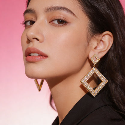 Geometric Drop Earrings For Women Featuring Copper Material With 14K Real Gold Plated Finish And Rhinestone Inlay