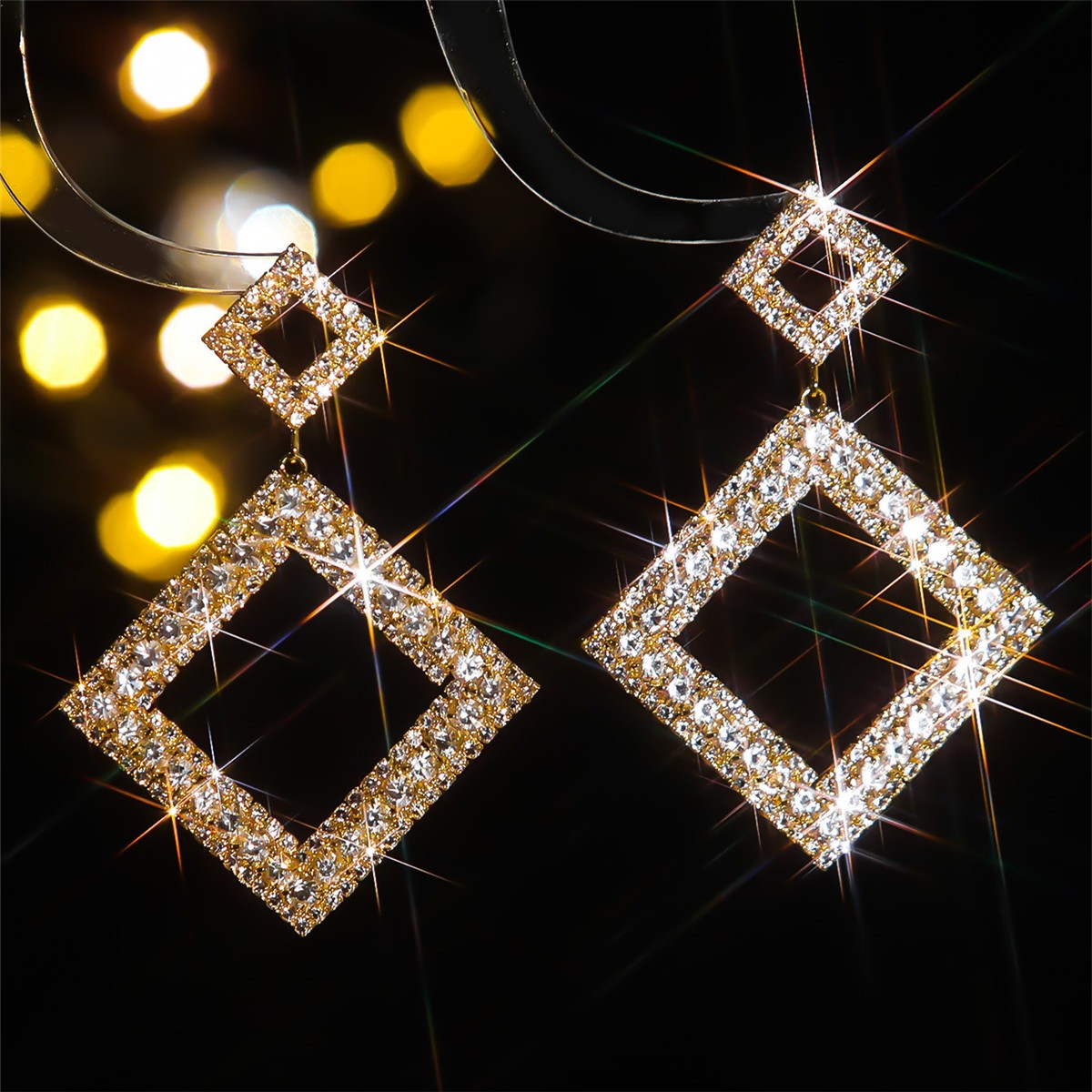 Geometric Drop Earrings For Women Featuring Copper Material With 14K Real Gold Plated Finish And Rhinestone Inlay