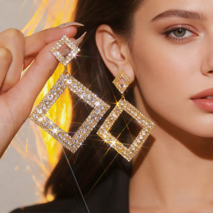 Geometric Drop Earrings For Women Featuring Copper Material With 14K Real Gold Plated Finish And Rhinestone Inlay