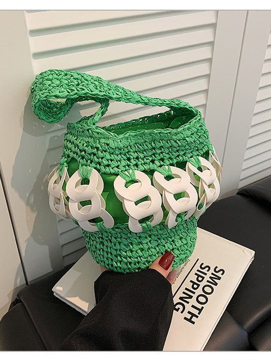 Women’s Straw Bucket Bag With Braid Detail, Perfect For Spring