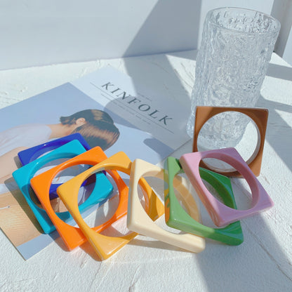 Retro Square Resin Bangle For Women In Yellow, Stylish Wristband Accessory