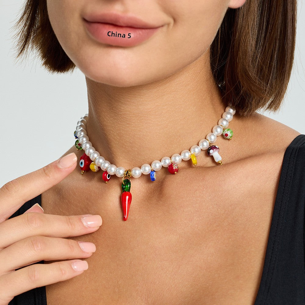 Eye Necklace For Women With Acrylic Beading And Electroplated Finish, Featuring A Beaded Chain