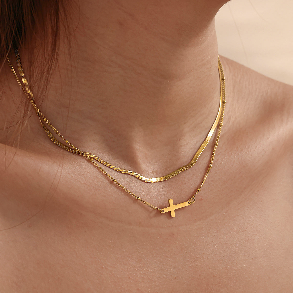 Electroplated Cross Jewelry Set For Women In 304 Stainless Steel With 18K Real Gold Plated Cable Chain