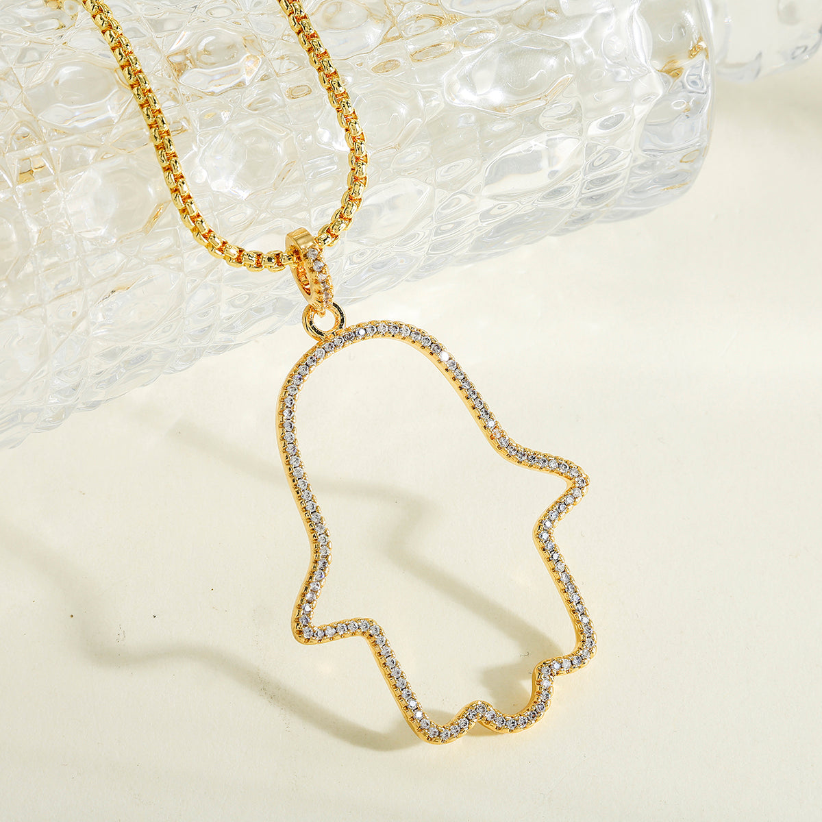 Palm Pendant Necklace For Women In Copper With 18K Real Gold Plated Finish And Zircon Inlay On Box Chain
