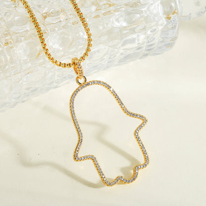 Palm Pendant Necklace For Women In Copper With 18K Real Gold Plated Finish And Zircon Inlay On Box Chain