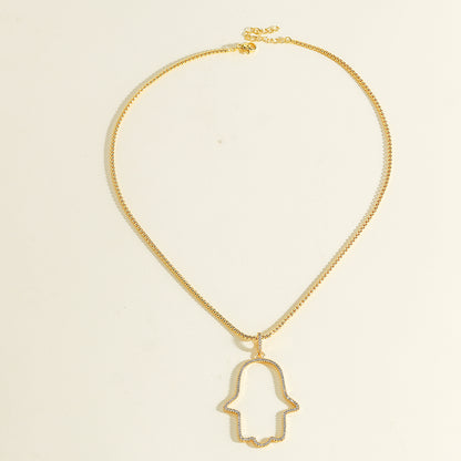 Palm Pendant Necklace For Women In Copper With 18K Real Gold Plated Finish And Zircon Inlay On Box Chain