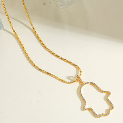 Palm Pendant Necklace For Women In Copper With 18K Real Gold Plated Finish And Zircon Inlay On Box Chain