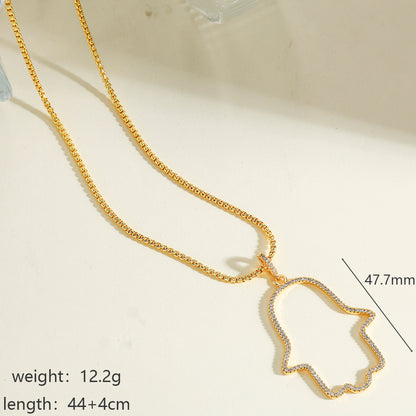 Palm Pendant Necklace For Women In Copper With 18K Real Gold Plated Finish And Zircon Inlay On Box Chain