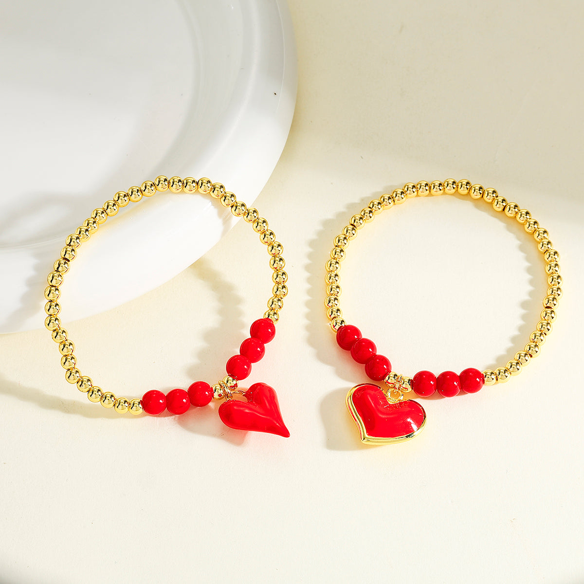 Polished Copper Heart Shape Bracelet For Women With 18K Real Gold Plated Beaded Chain